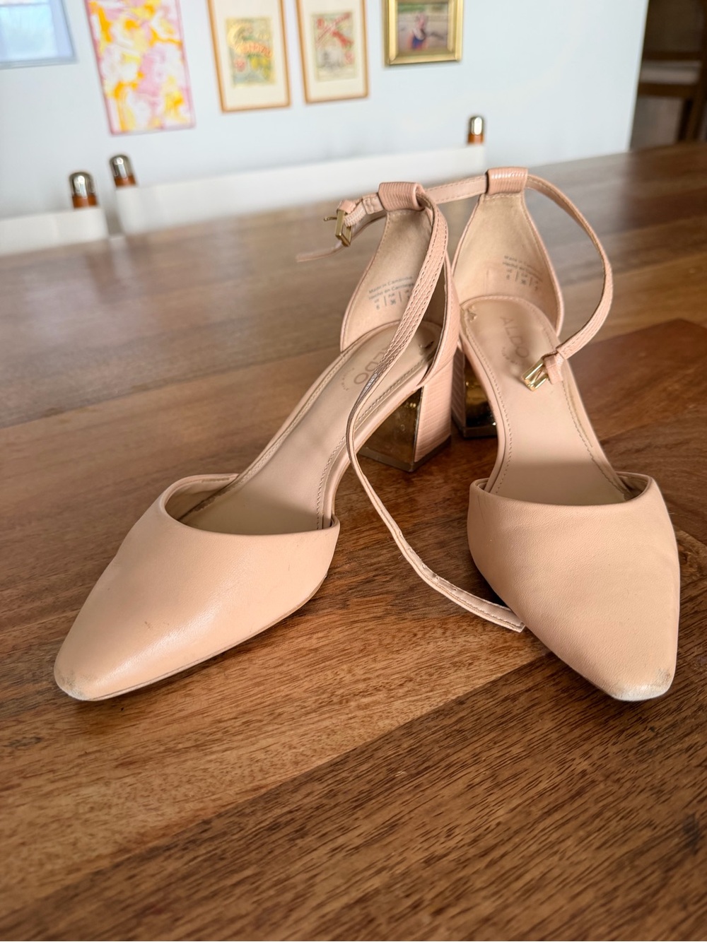 CLEAROUT ALDO nude gold block heel pump ankle strap